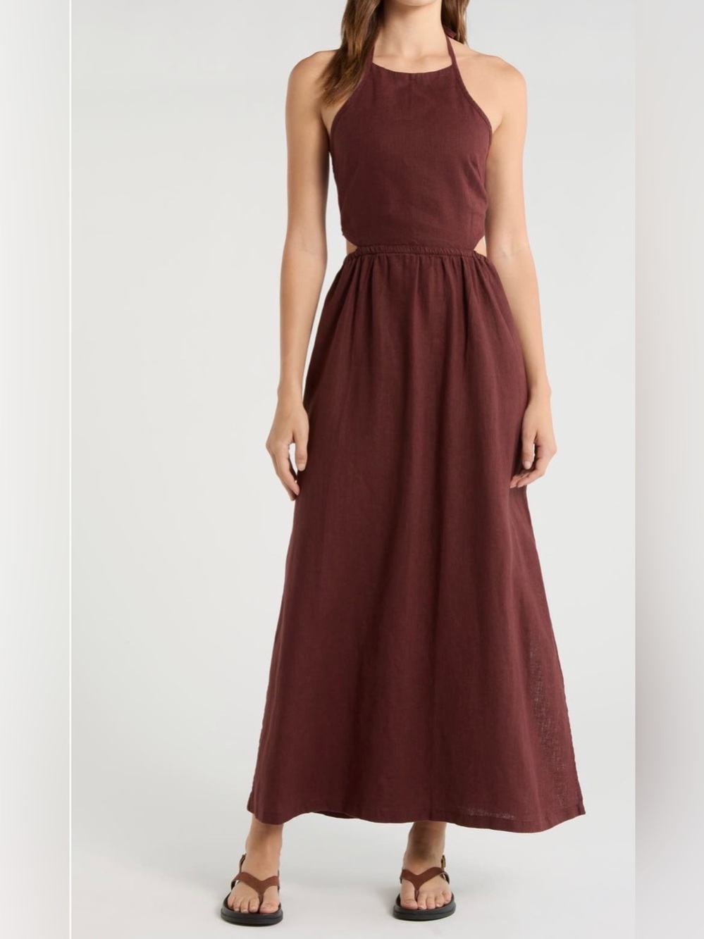 NWT Beyond Yoga SoftWash Linen Halter Maxi Dress Iced Mocha Brown Size Small